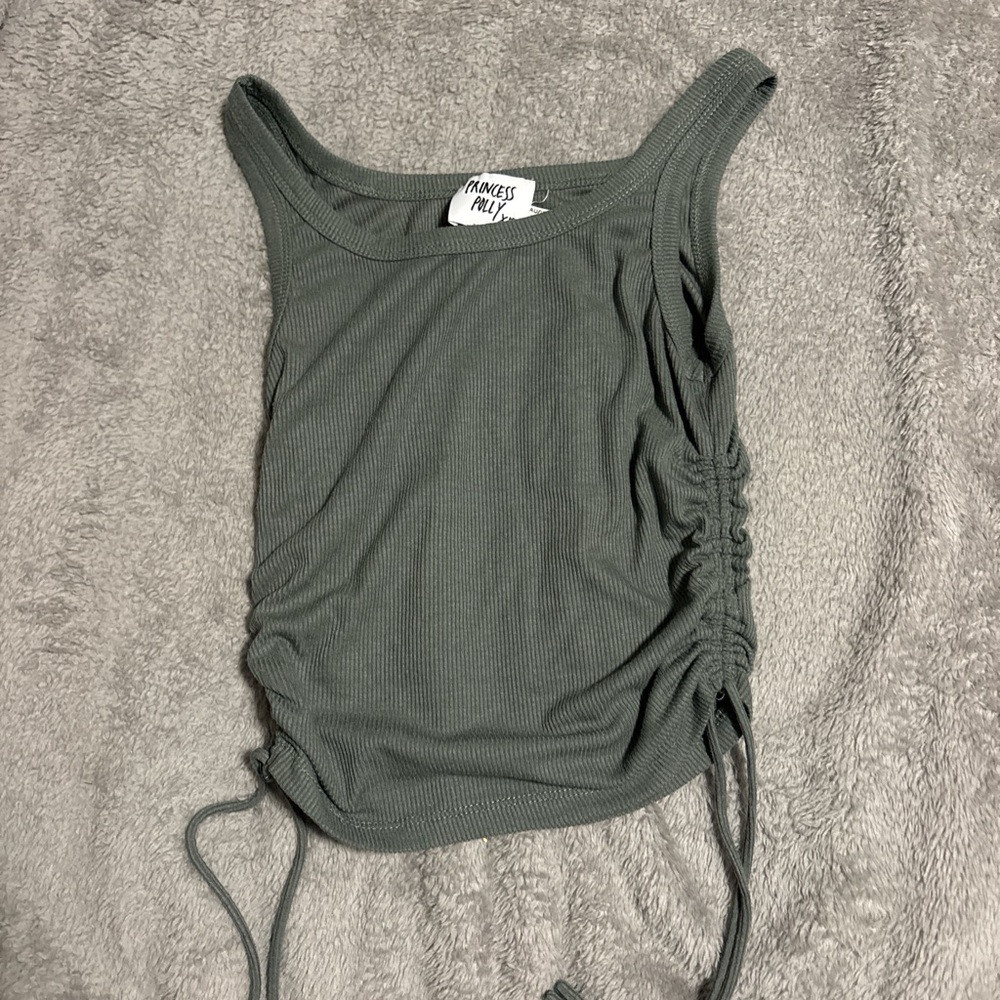 Princess Polly Sage Green Ribbed Ruched Tank Top